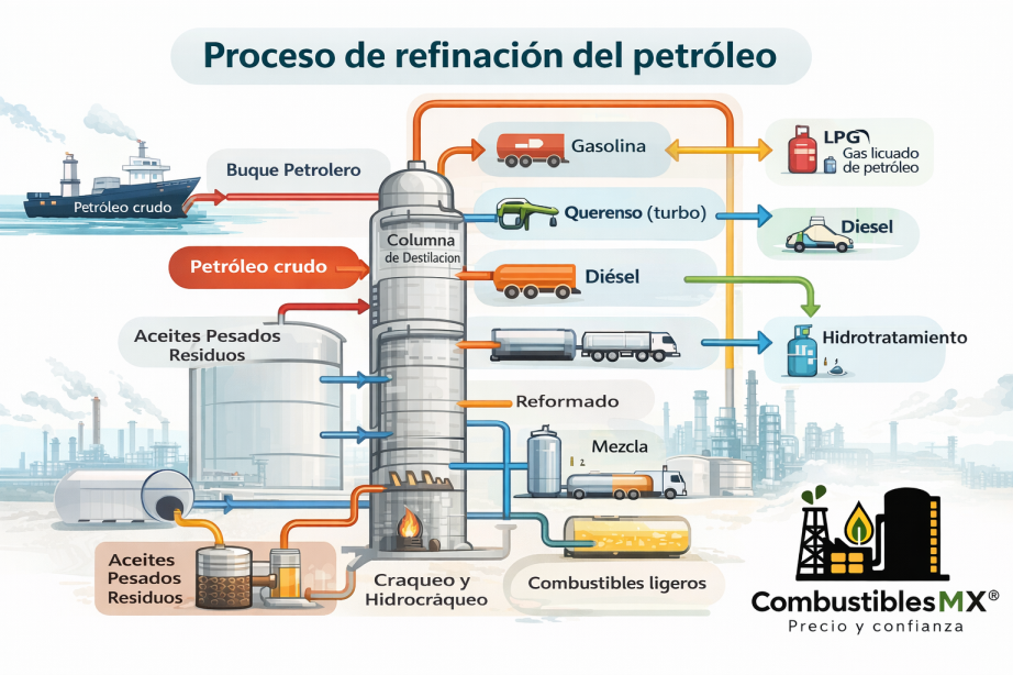 Proceso de refinación de petróleo explicado con diagrama: destilación, conversión, tratamiento y productos derivados