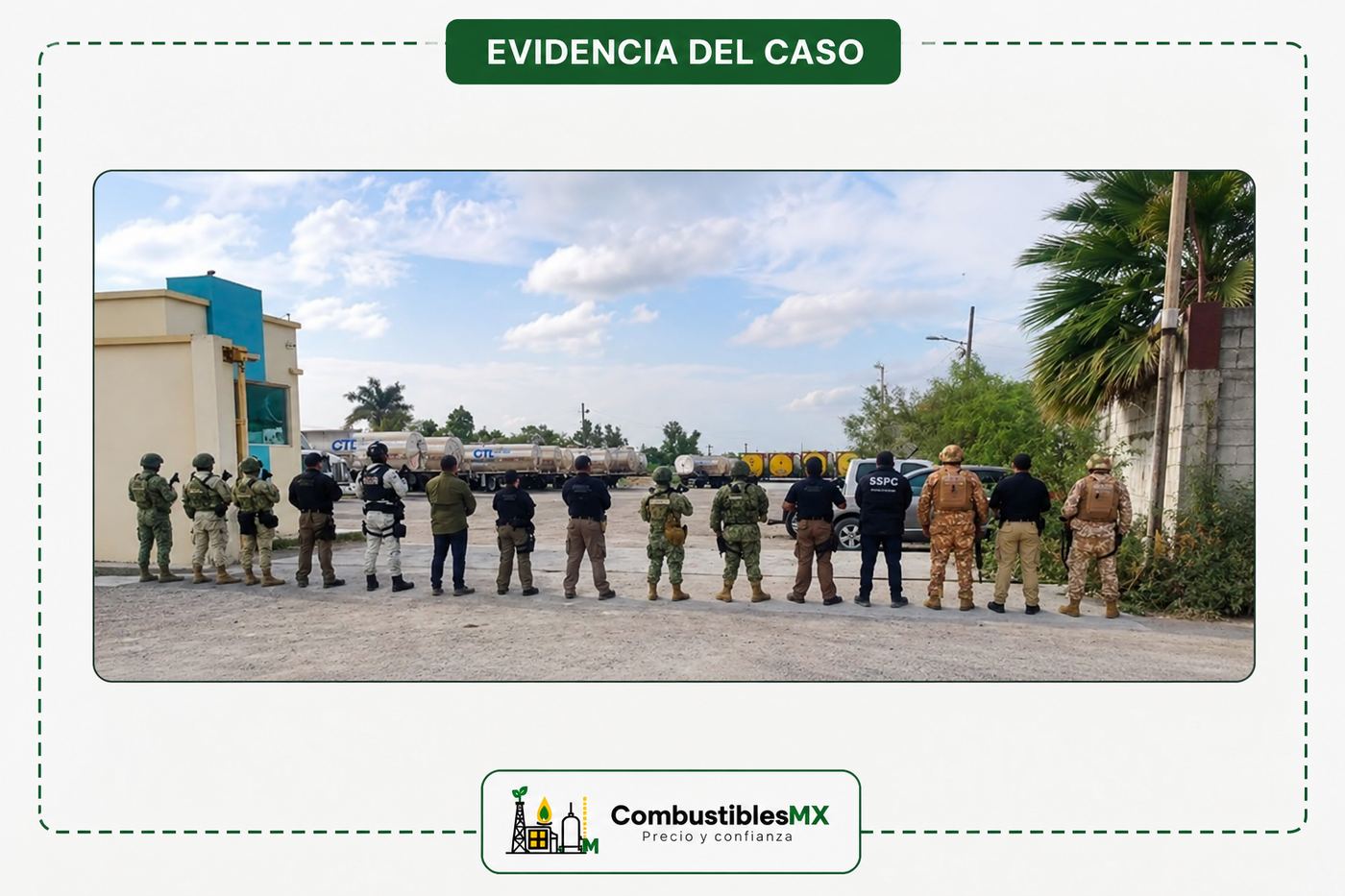 Operativo de autoridades federales en un predio de Matamoros, Tamaulipas, donde fueron asegurados aproximadamente 39 mil litros de diésel, decenas de toneles y contenedores para almacenamiento de combustible, correspondiente al Caso Real CMX-2026-004.
