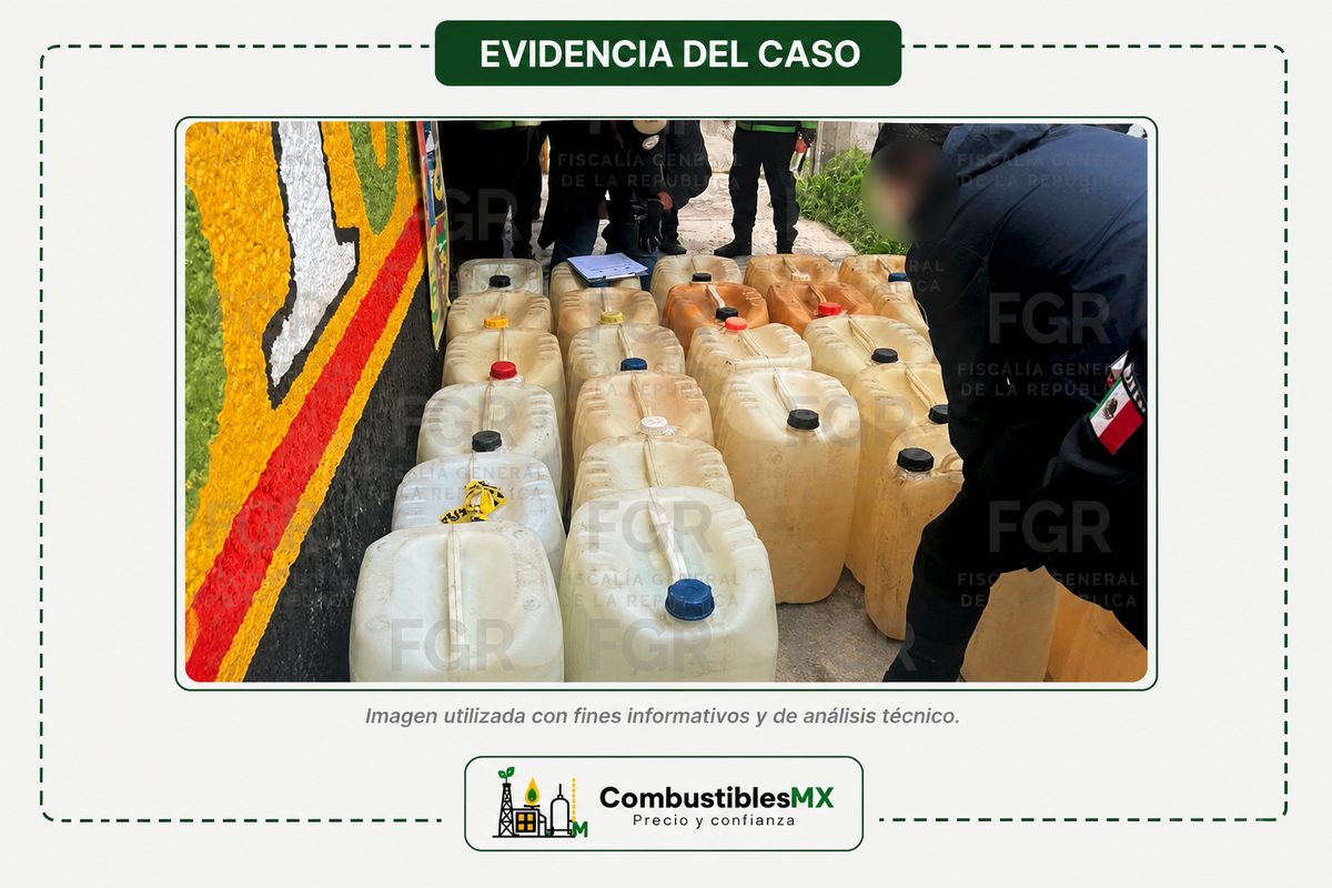 Bidones con aproximadamente 2,250 litros de hidrocarburo asegurados por la FGR durante un cateo en una refaccionaria donde fue localizada una toma clandestina en la alcaldía Gustavo A. Madero, Ciudad de México.