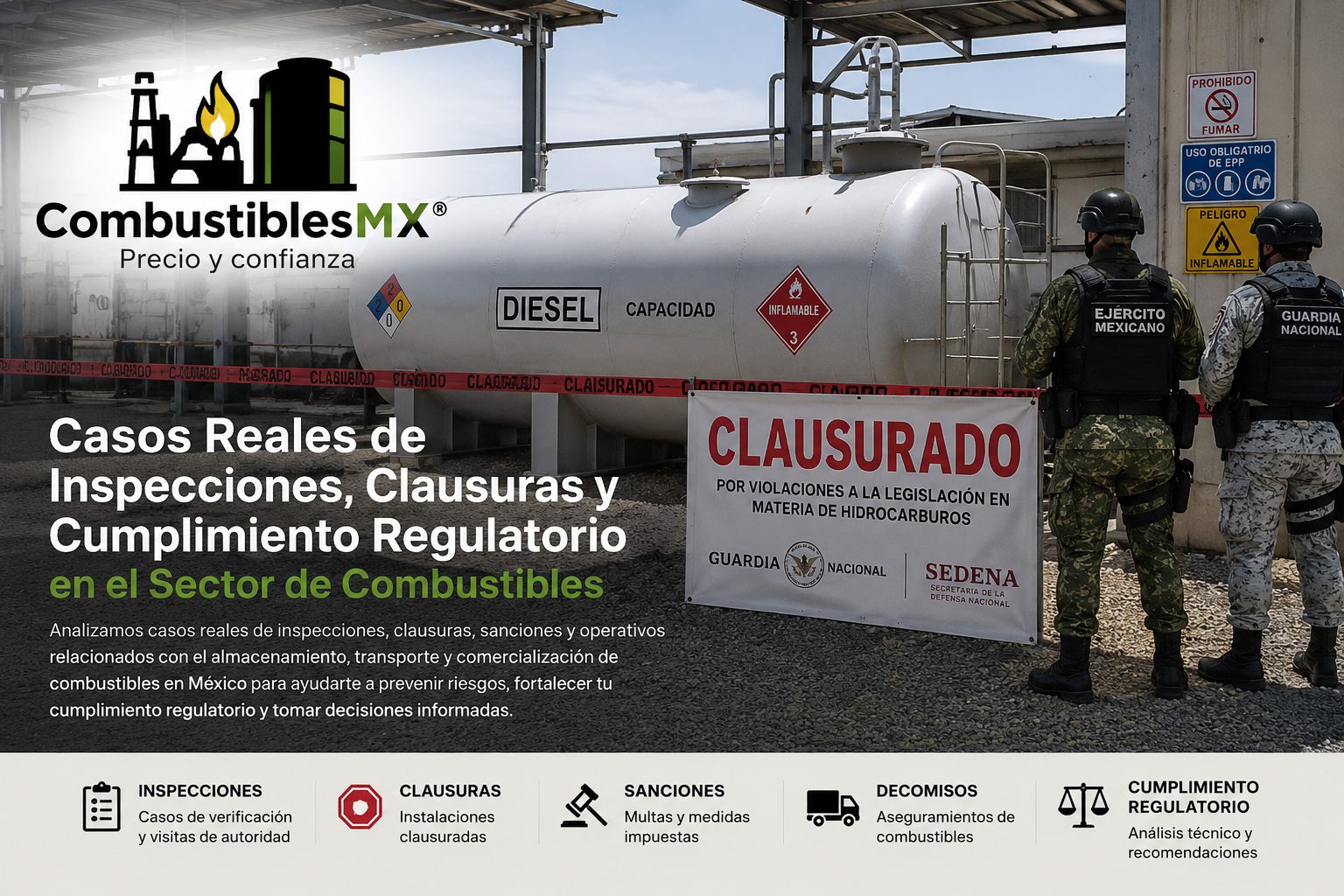 nstalación de almacenamiento de diésel para autoconsumo con sello de clausura durante un operativo de inspección de autoridades federales en México.