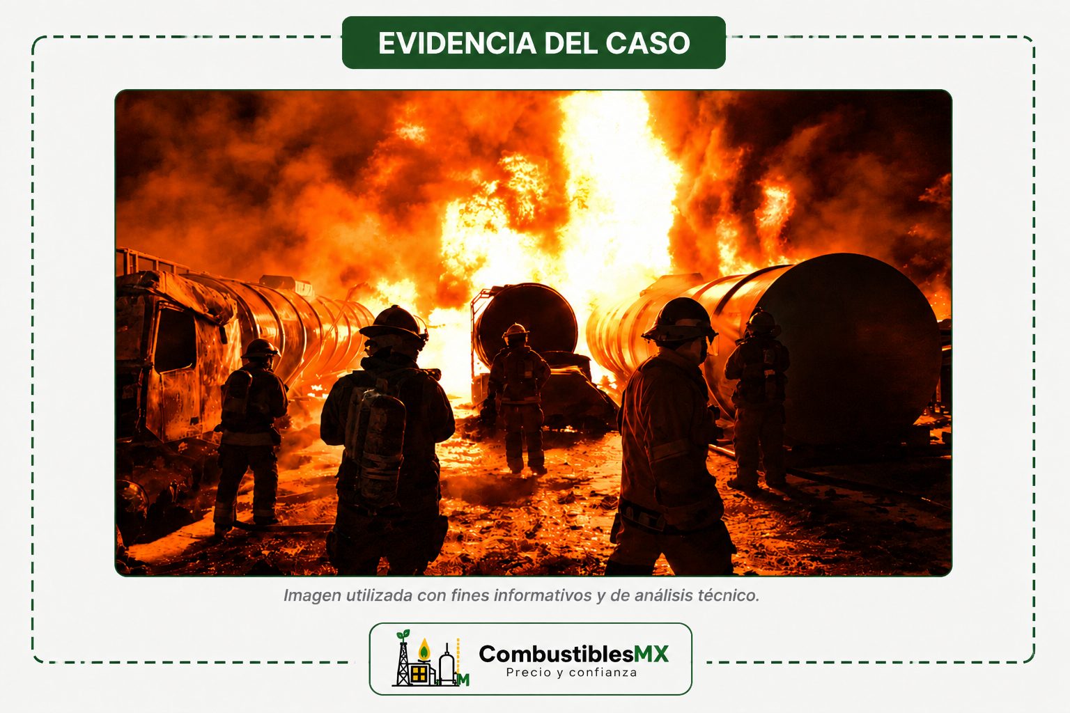Ilustración representativa de un incendio en patio de transporte de combustibles utilizada para el análisis técnico del Caso Real CMX-2026-001 de CombustiblesMX